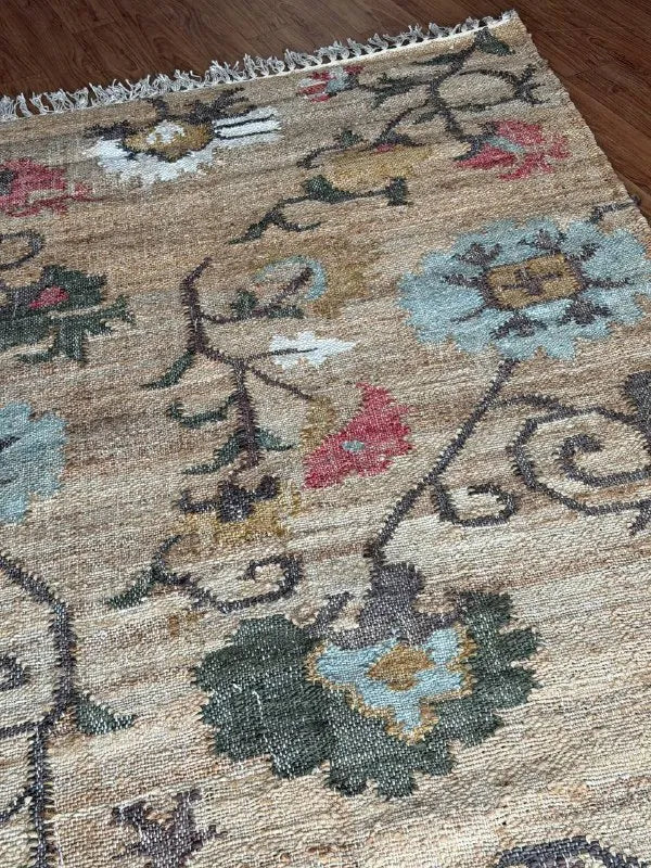Jute and Cotton Floral Area Rug – Natural Beige & Powder Blue