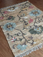 Jute and Cotton Floral Area Rug – Natural Beige & Powder Blue