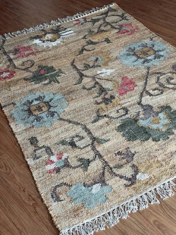 Jute and Cotton Floral Area Rug – Natural Beige & Powder Blue