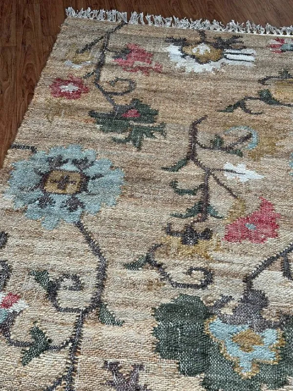 Jute and Cotton Floral Area Rug – Natural Beige & Powder Blue