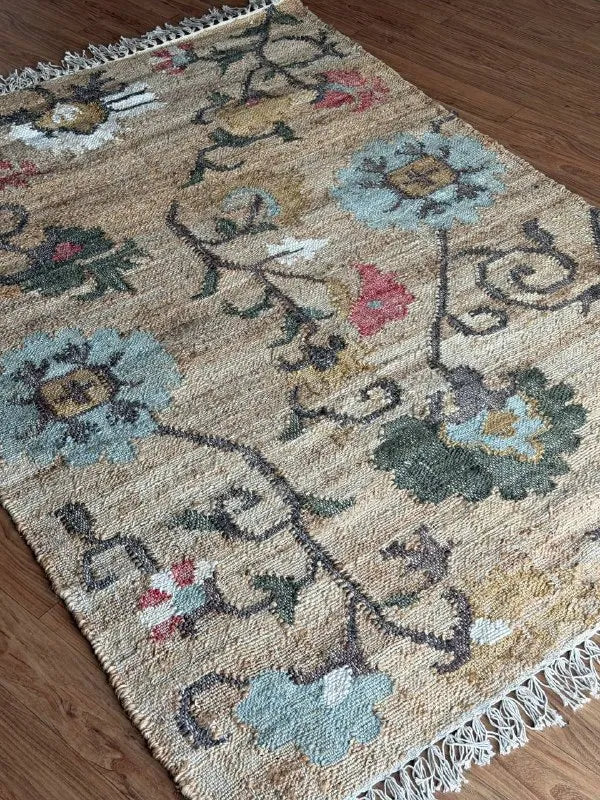 Jute and Cotton Floral Area Rug – Natural Beige & Powder Blue