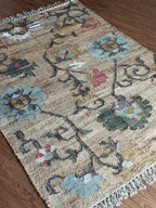 Jute and Cotton Floral Area Rug – Natural Beige & Powder Blue
