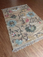 Jute and Cotton Floral Area Rug – Natural Beige & Powder Blue