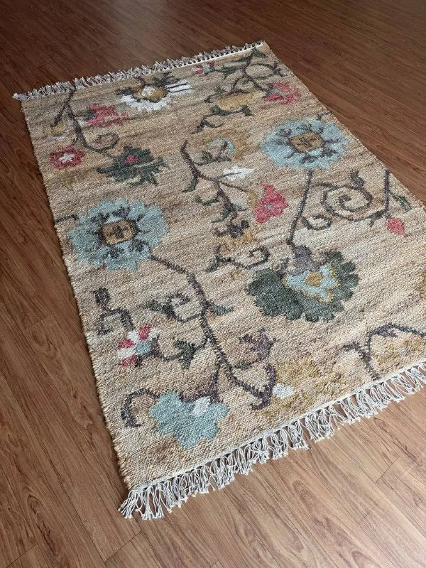 Jute and Cotton Floral Area Rug – Natural Beige & Powder Blue