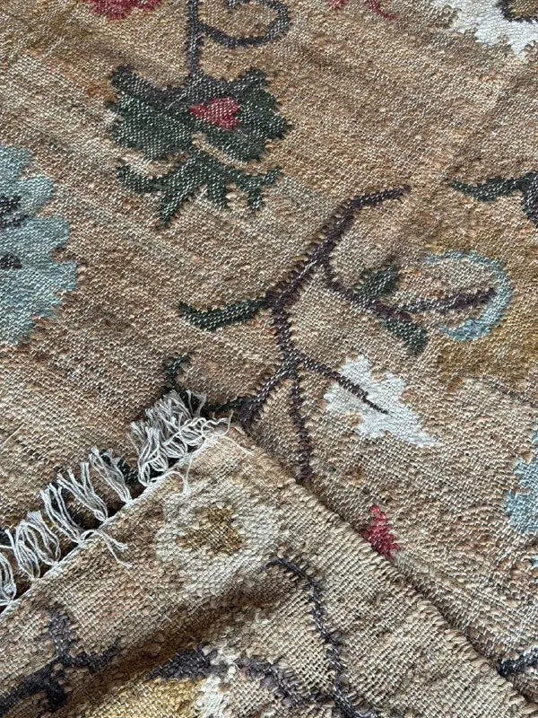 Jute and Cotton Floral Area Rug – Natural Beige & Powder Blue