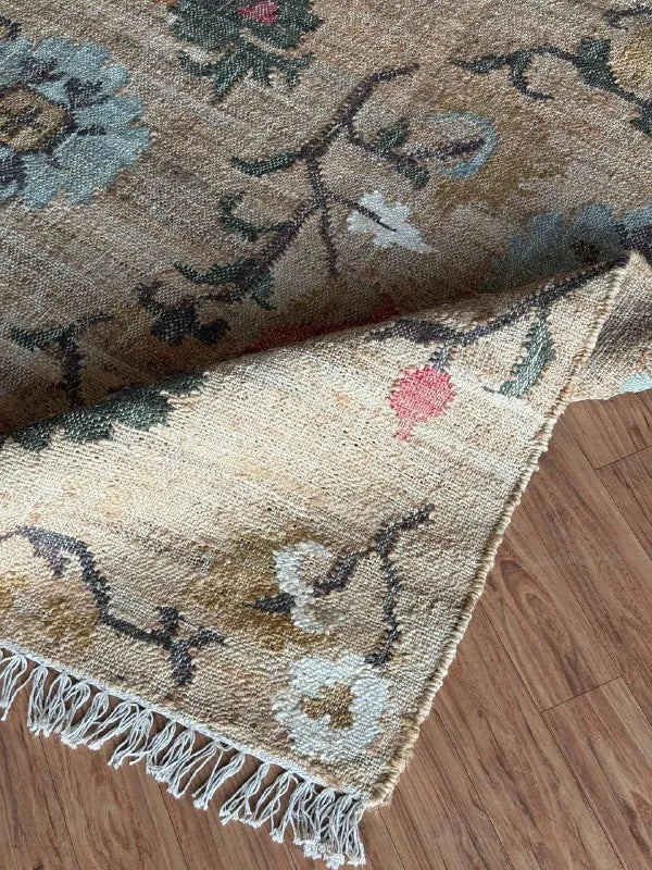 Jute and Cotton Floral Area Rug – Natural Beige & Powder Blue