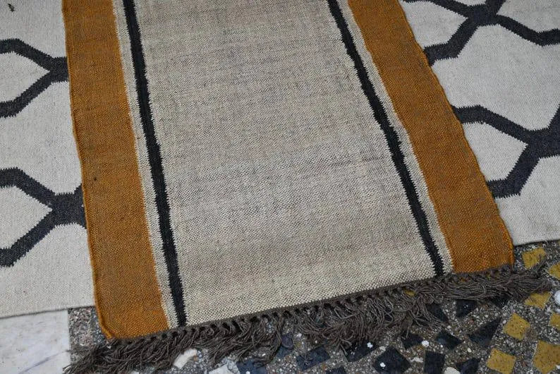 Handmade Beige Kilim Runner – Mustard & Dark Stripe Borders