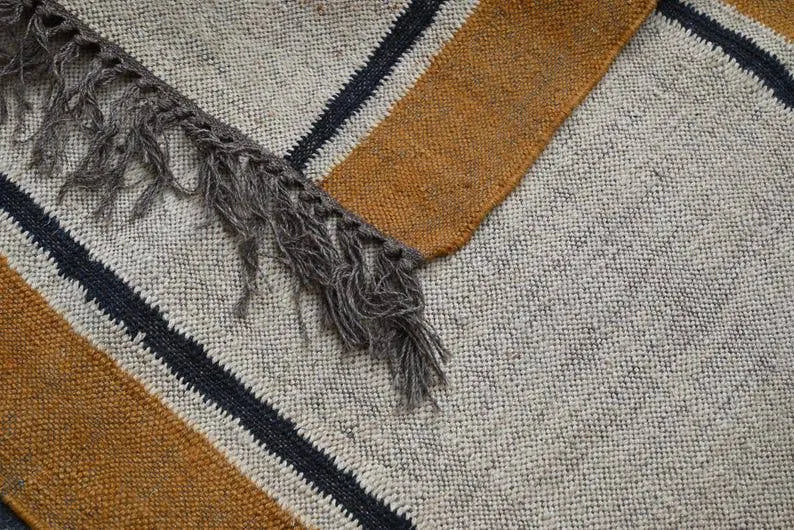 Handmade Beige Kilim Runner – Mustard & Dark Stripe Borders