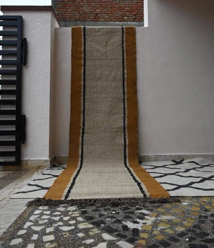 Handmade Beige Kilim Runner – Mustard & Dark Stripe Borders