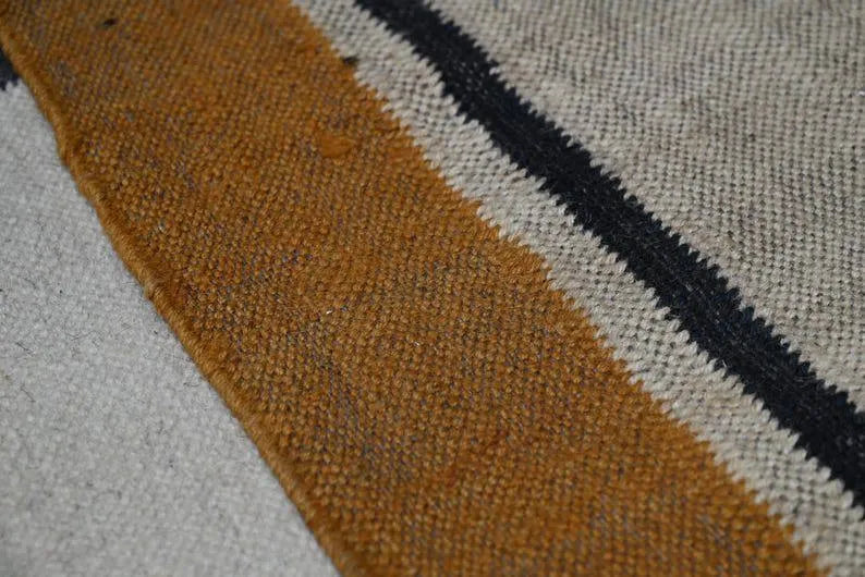 Handmade Beige Kilim Runner – Mustard & Dark Stripe Borders