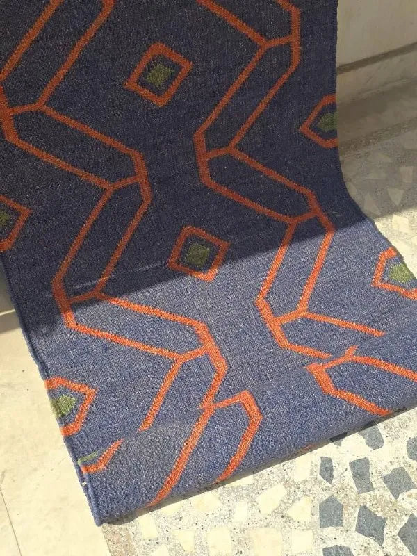Handmade Wool & Jute Kilim Runner – Navy Angular Design