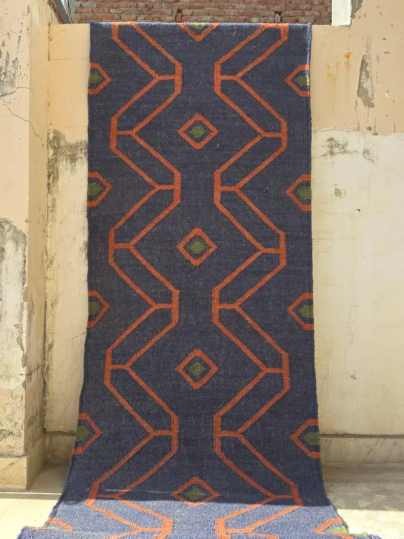 Handmade Wool & Jute Kilim Runner – Navy Angular Design