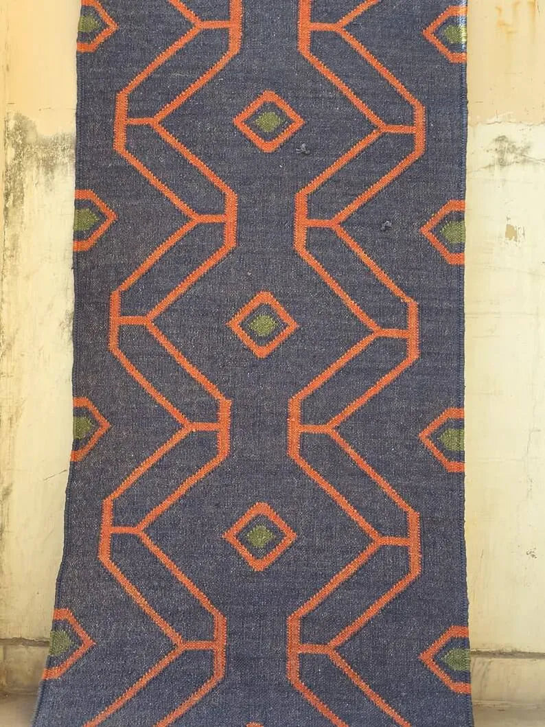Handmade Wool & Jute Kilim Runner – Navy Angular Design