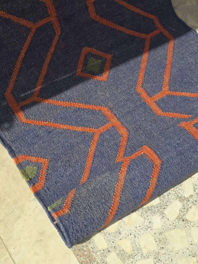 Handmade Wool & Jute Kilim Runner – Navy Angular Design