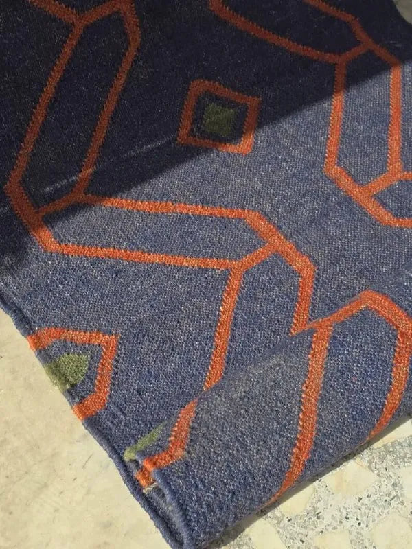 Handmade Wool & Jute Kilim Runner – Navy Angular Design