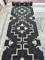 Handmade Navy Kilim Runner – Cream Floral Geometric Design