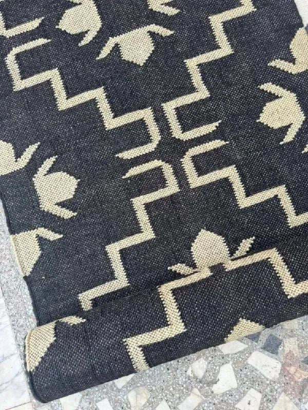 Handmade Navy Kilim Runner – Cream Floral Geometric Design