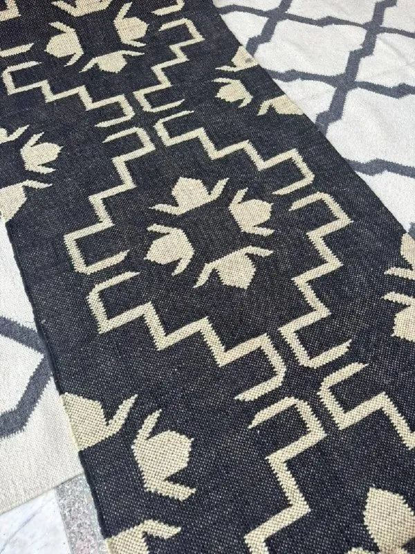 Handmade Navy Kilim Runner – Cream Floral Geometric Design