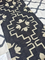 Handmade Navy Kilim Runner – Cream Floral Geometric Design