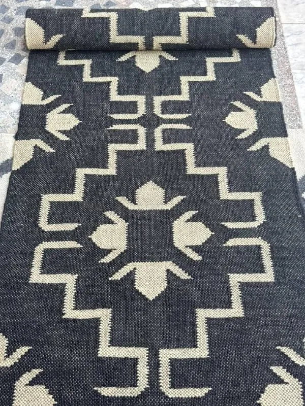 Handmade Navy Kilim Runner – Cream Floral Geometric Design
