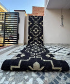 Handmade Navy Kilim Runner – Cream Floral Geometric Design