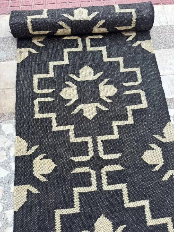 Handmade Navy Kilim Runner – Cream Floral Geometric Design
