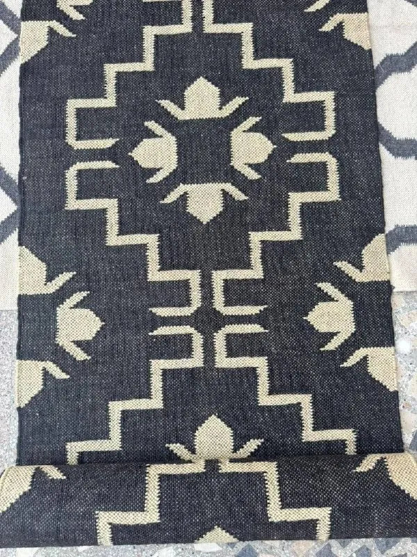 Handmade Navy Kilim Runner – Cream Floral Geometric Design