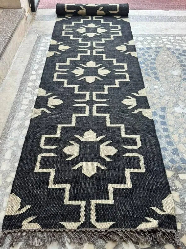 Handmade Navy Kilim Runner – Cream Floral Geometric Design