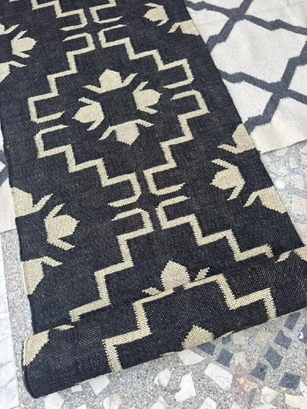 Handmade Navy Kilim Runner – Cream Floral Geometric Design