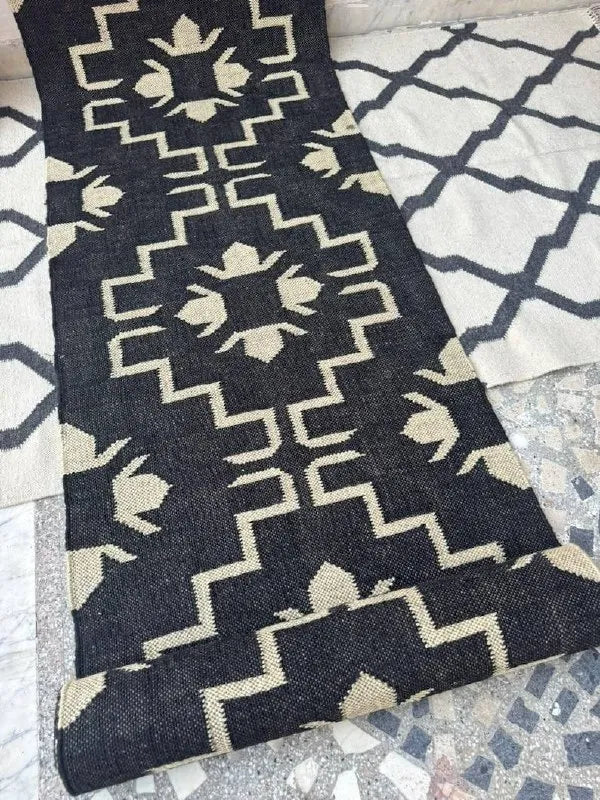 Handmade Navy Kilim Runner – Cream Floral Geometric Design