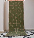 Handmade Olive Kilim Runner – Beige Stepped Geometric Design