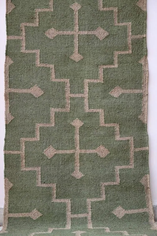 Handmade Olive Kilim Runner – Beige Stepped Geometric Design