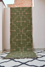 Handmade Olive Kilim Runner – Beige Stepped Geometric Design