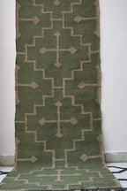 Handmade Olive Kilim Runner – Beige Stepped Geometric Design