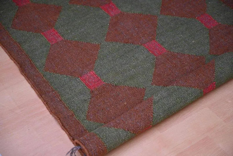 Maroon Volkskuns Kilim Tapytloper – Artisanaal-geweefde Wol Jute Mat, Volgens Maat Gemaak
