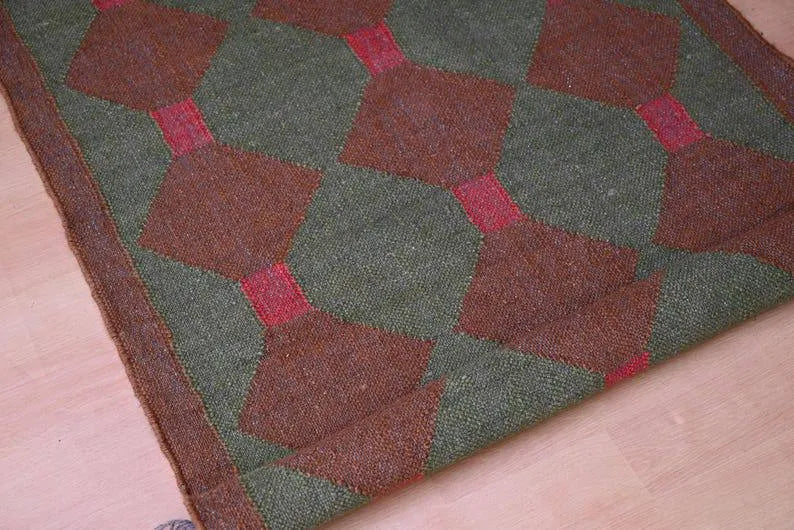 Maroon Volkskuns Kilim Tapytloper – Artisanaal-geweefde Wol Jute Mat, Volgens Maat Gemaak