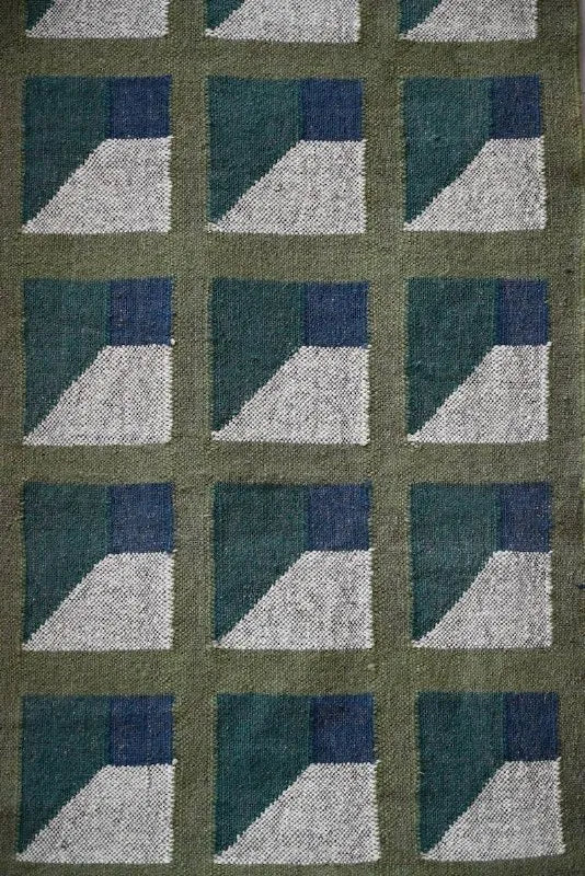 Handmade Kilim Runner – Olive, Teal & Beige Geometric Panels