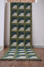 Handmade Kilim Runner – Olive, Teal & Beige Geometric Panels