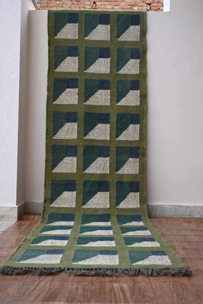 Handmade Kilim Runner – Olive, Teal & Beige Geometric Panels