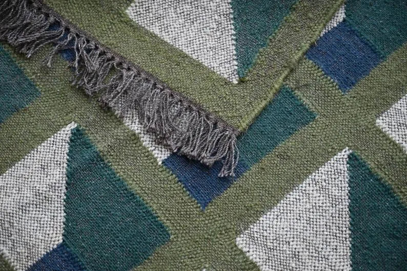 Handmade Kilim Runner – Olive, Teal & Beige Geometric Panels