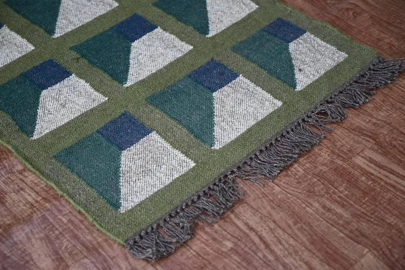 Handmade Kilim Runner – Olive, Teal & Beige Geometric Panels