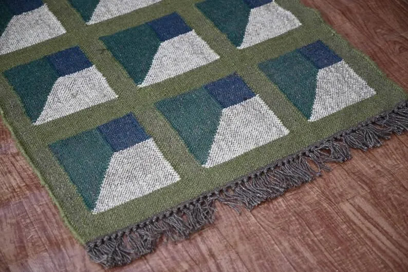 Handmade Kilim Runner – Olive, Teal & Beige Geometric Panels
