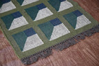 Handmade Kilim Runner – Olive, Teal & Beige Geometric Panels