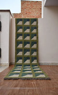 Handmade Kilim Runner – Olive, Teal & Beige Geometric Panels