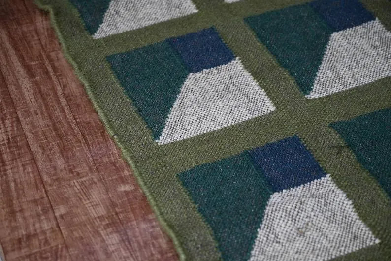 Handmade Kilim Runner – Olive, Teal & Beige Geometric Panels
