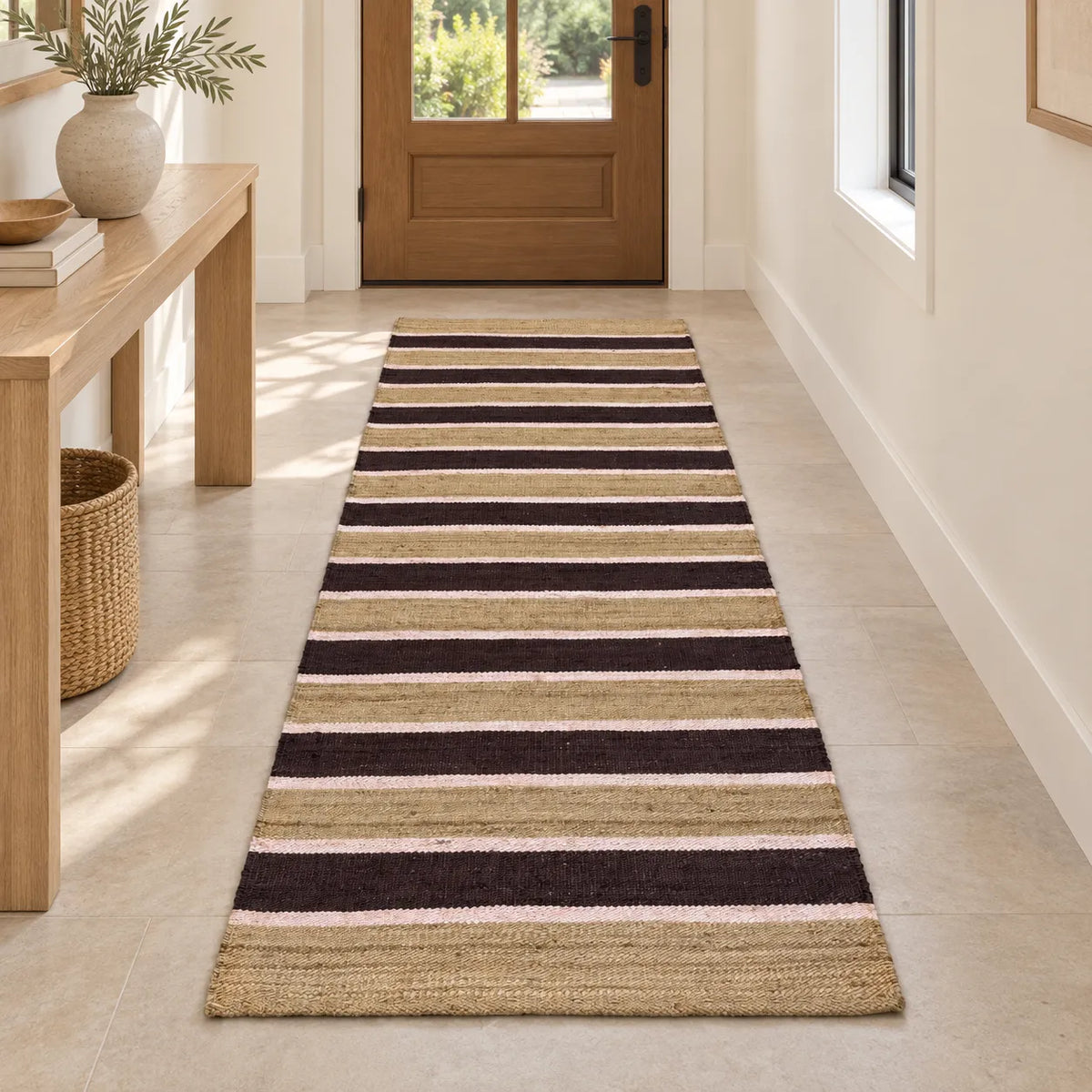 Organic Hemp Runner Rug – Handwoven Brown, Blush and Natural Striped Carpet