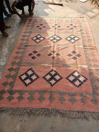 Houtskool Juweelkleurige Kilim Dhurrie – Handgeweefde Wol Jute Pronkmat