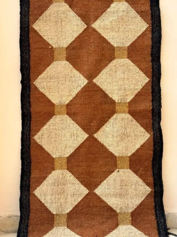 Handmade Rust Brown Kilim Runner – Beige Diamond Chains