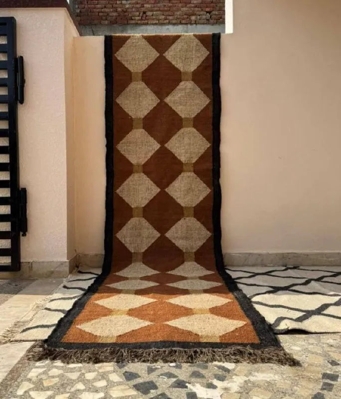 Maroon Volkskuns Kilim Tapytloper – Artisanaal-geweefde Wol Jute Mat, Volgens Maat Gemaak