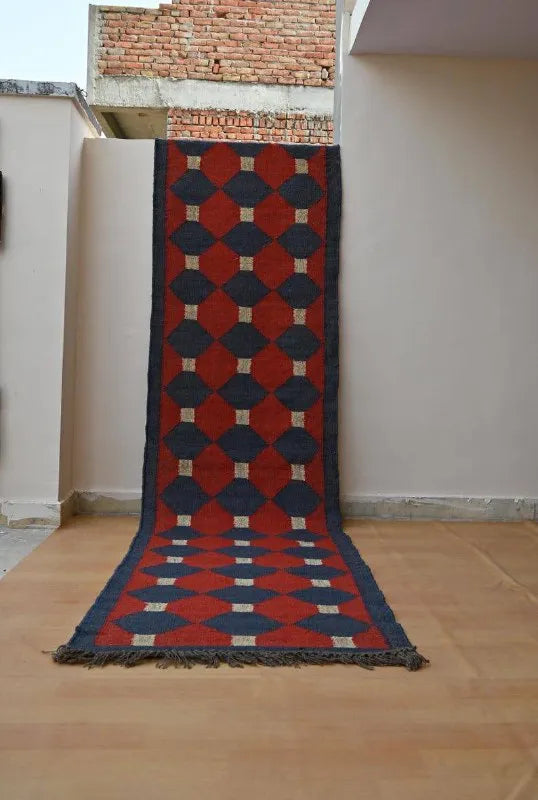 Handmade Wool & Jute Kilim Runner – Red & Navy Polygon Design